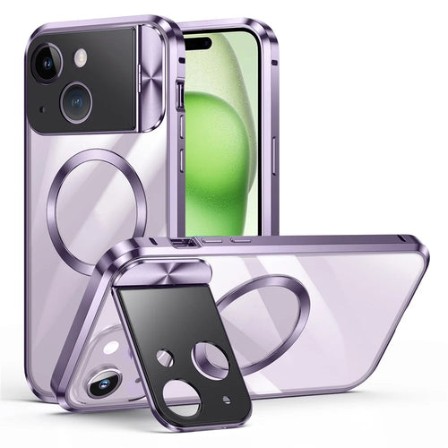 For iPhone 15 Case Tempered Glass+Aluminum Alloy+PC Kickstand Phone Cover Compatible with MagSafe - Purple - 1