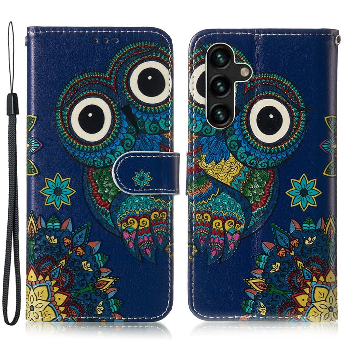 For Samsung Galaxy A15 5G Cover Stand Wallet Pattern Printing Leather Wallet Phone Case - Blue Owl - 1