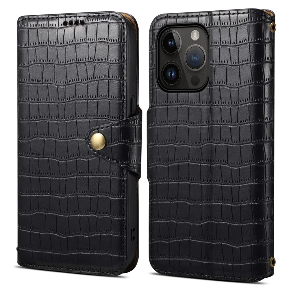 For iPhone 14 Pro Max Case Crocodile Texture Phone Cover with Wallet Stand - Black - 1