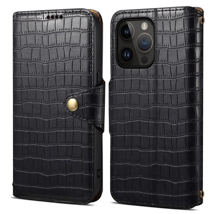 For iPhone 14 Pro Max Case Crocodile Texture Phone Cover with Wallet Stand - Black - 1