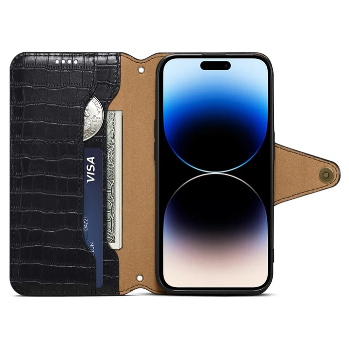 For iPhone 14 Pro Max Case Crocodile Texture Phone Cover with Wallet Stand - Black - 2