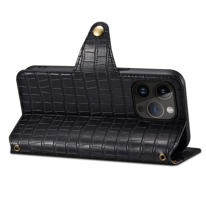 For iPhone 14 Pro Max Case Crocodile Texture Phone Cover with Wallet Stand - Black - 3