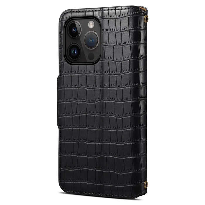 For iPhone 14 Pro Max Case Crocodile Texture Phone Cover with Wallet Stand - Black - 5