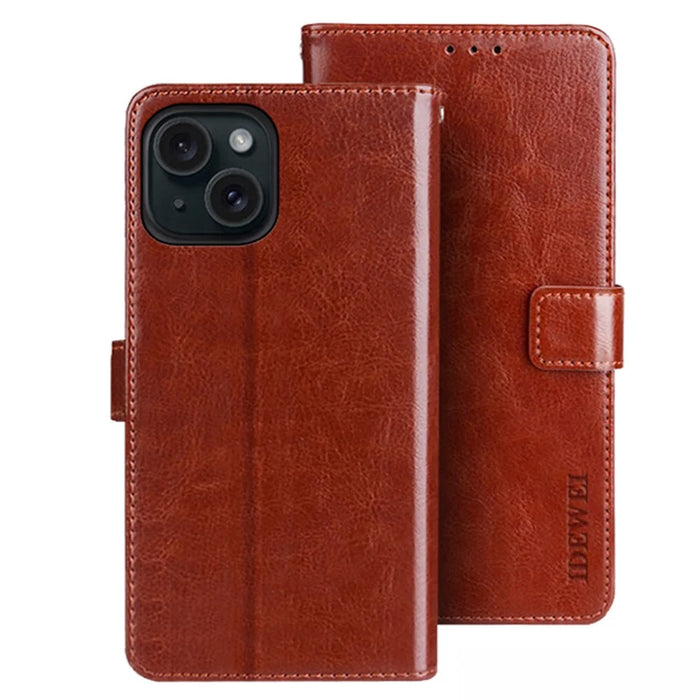 IDEWEI For iPhone 15 Case Crazy Horse Texture Wallet Leather Stand Phone Shell - Brown - 1