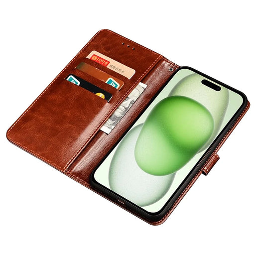 IDEWEI For iPhone 15 Case Crazy Horse Texture Wallet Leather Stand Phone Shell - Brown - 2