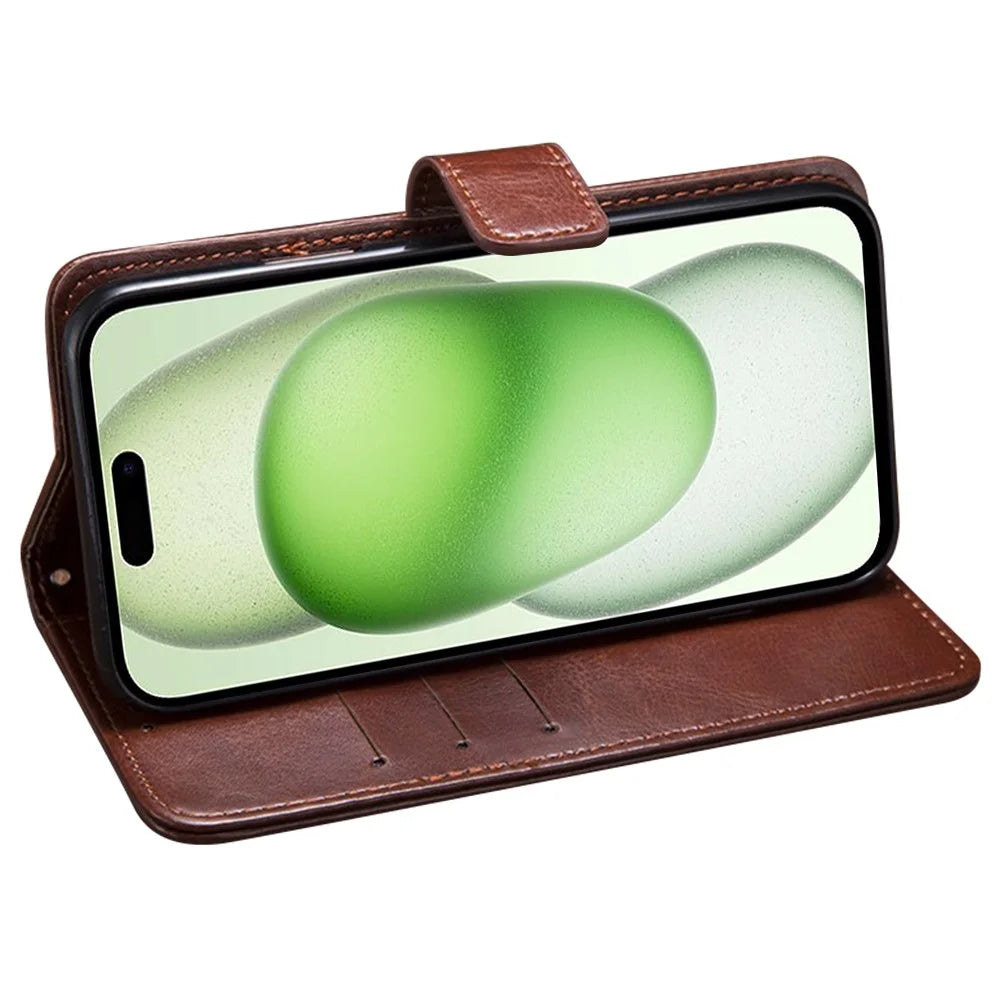 IDEWEI For iPhone 15 Plus Case Magnetic Clasp Wallet Phone Cover - Brown - 3