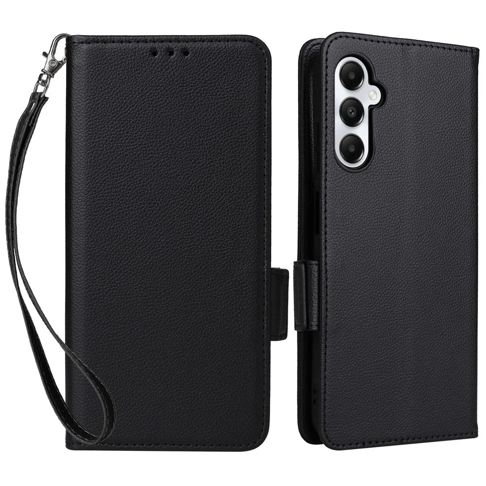 For Samsung Galaxy A05s 4G / M14 4G Case Litchi Texture Wallet Leather Phone Cover with Strap - Black - 1