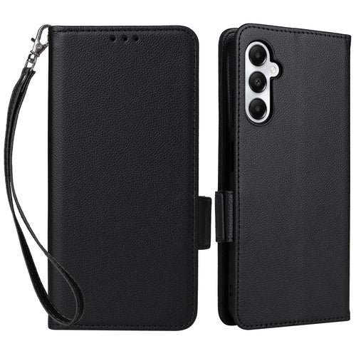 For Samsung Galaxy A05s 4G / M14 4G Case Litchi Texture Wallet Leather Phone Cover with Strap - Black - 1