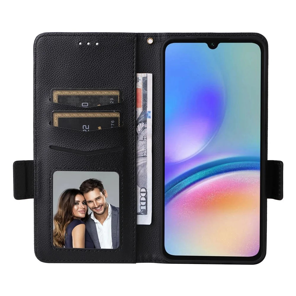 For Samsung Galaxy A05s 4G / M14 4G Case Litchi Texture Wallet Leather Phone Cover with Strap - Black - 2