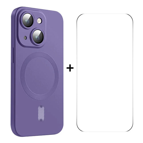 ENKAY HAT PRINCE For iPhone 15 Magnetic Case Matte TPU Phone Cover with 0.26mm High Aluminium-silicon Glass Film - Purple - 1