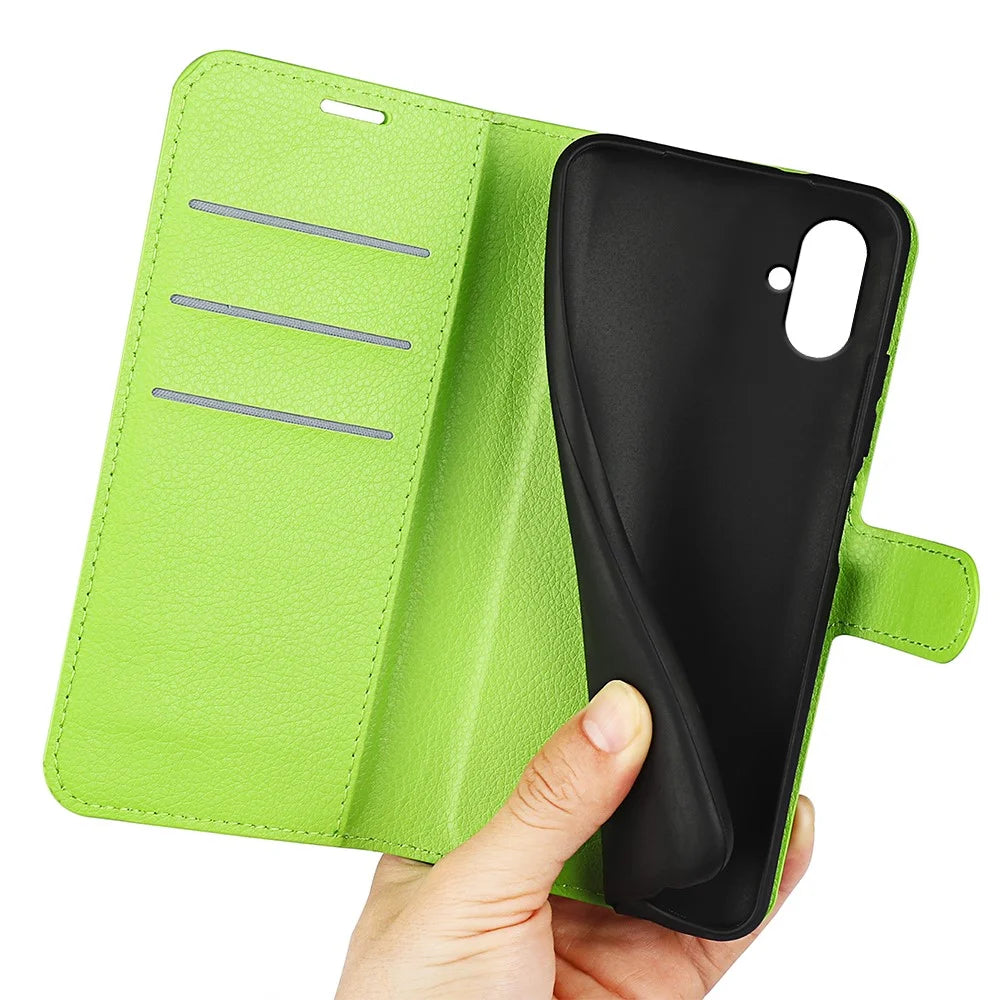 For Samsung Galaxy A05 4G Case Litchi Texture Folding Stand Leather Phone Shell - Green - 4