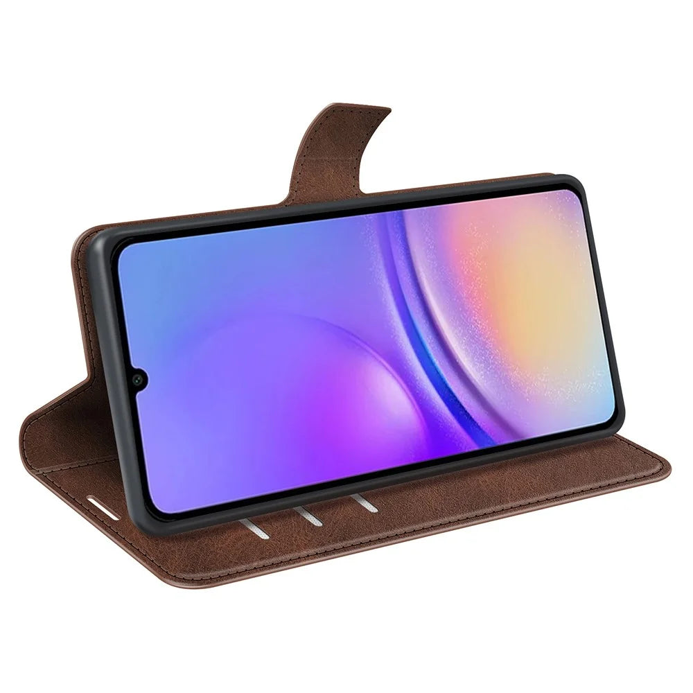 For Samsung Galaxy A05 4G Case Calf Texture PU Leather Phone Wallet Cover - Brown - 3