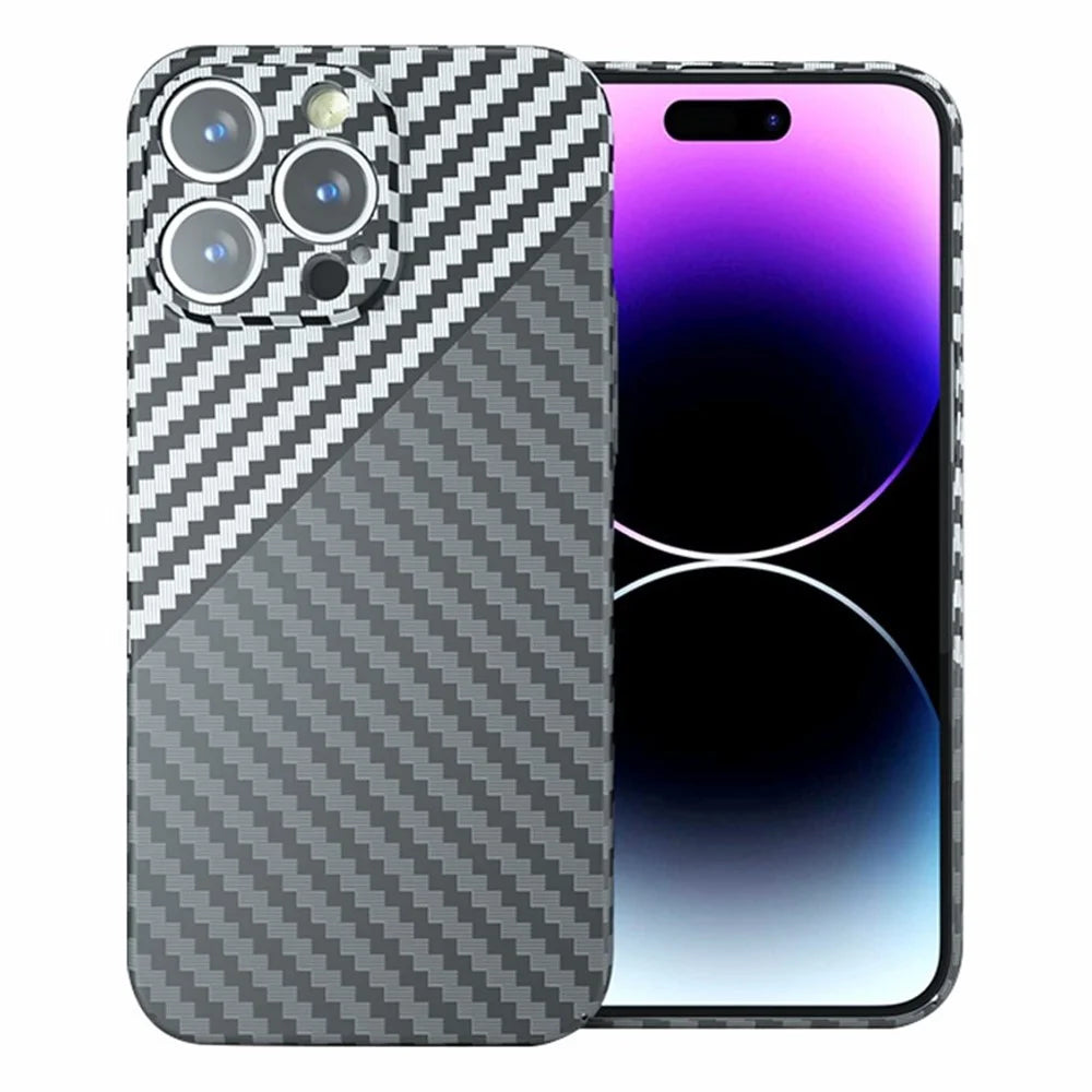 For iPhone 15 Pro Max Case Carbon Fiber Texture Splicing Color PC Phone Back Cover - Black+White - 1