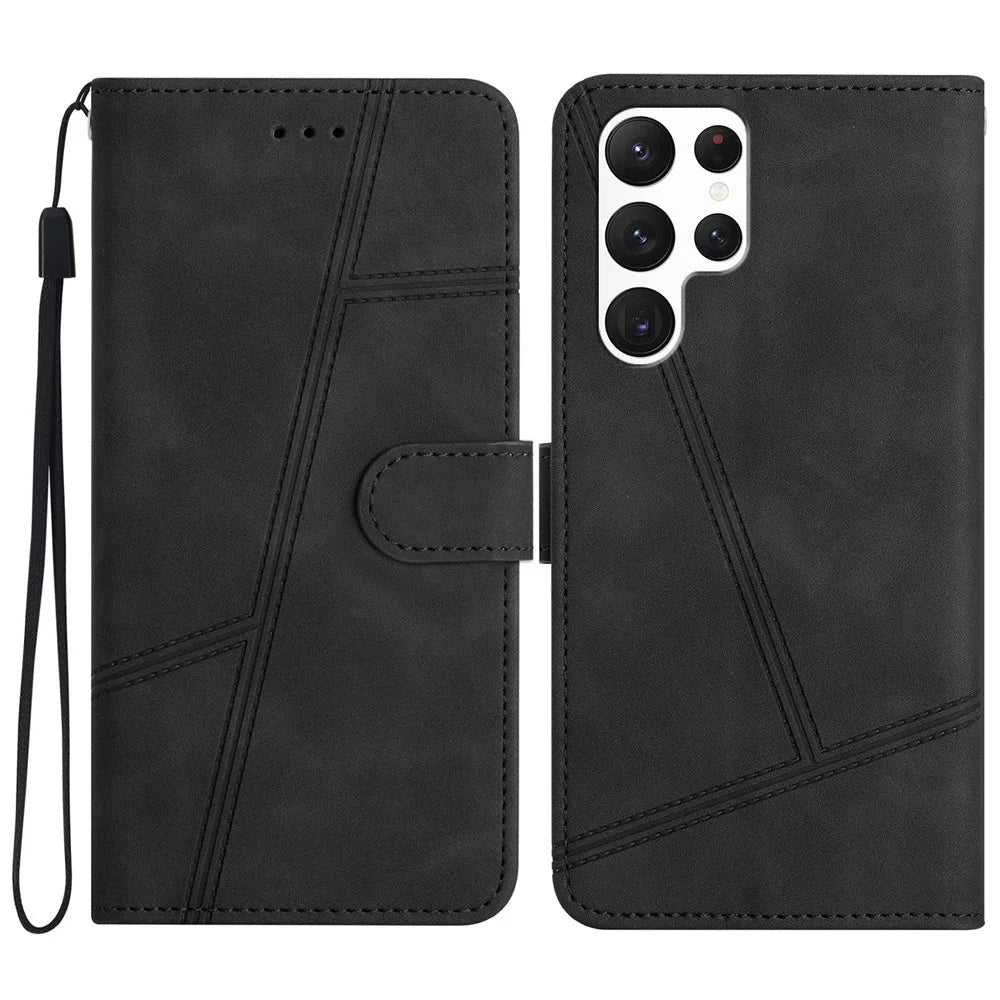 For Samsung Galaxy S24 Ultra Leather Case Lines Imprinted Wallet Stand Cover - Black - 1