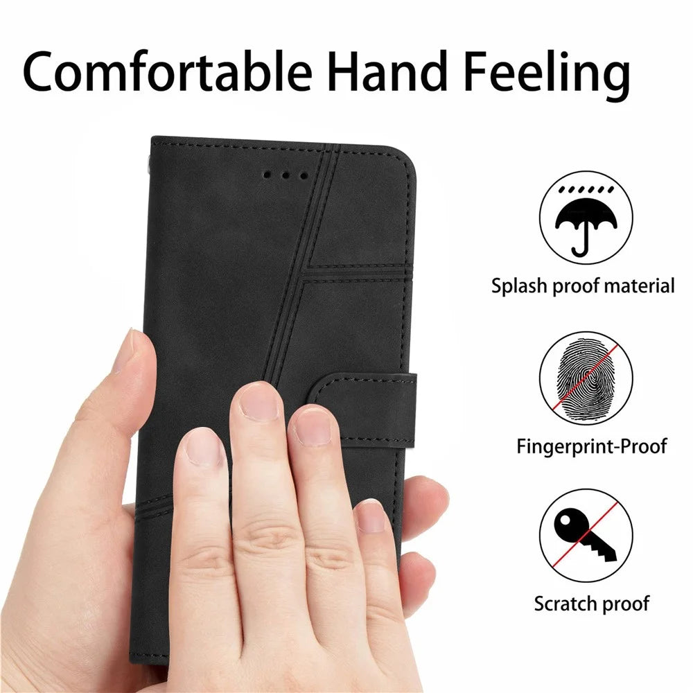 For Samsung Galaxy S24 Ultra Leather Case Lines Imprinted Wallet Stand Cover - Black - 4