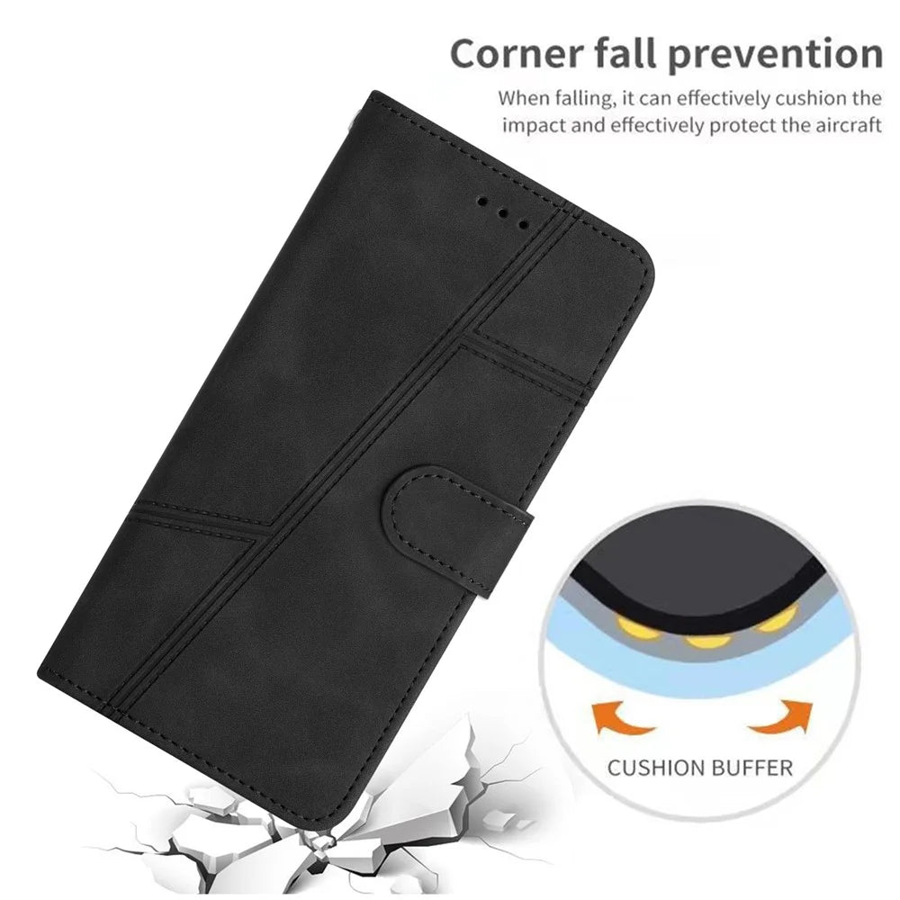 For Samsung Galaxy S24 Ultra Leather Case Lines Imprinted Wallet Stand Cover - Black - 5
