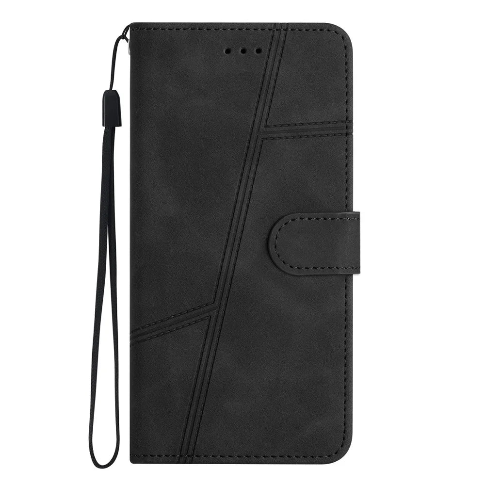 For Samsung Galaxy S24 Ultra Leather Case Lines Imprinted Wallet Stand Cover - Black - 6