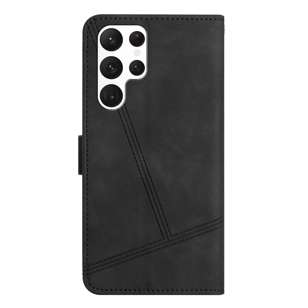 For Samsung Galaxy S24 Ultra Leather Case Lines Imprinted Wallet Stand Cover - Black - 7
