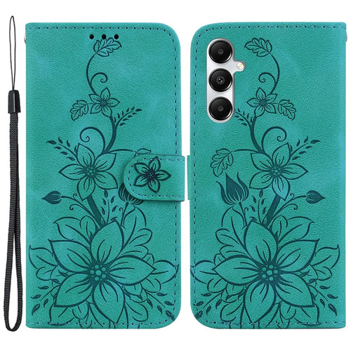 For Samsung Galaxy A05s 4G Case Flower Imprint Leather Wallet Mobile Phone Cover - Green - 1
