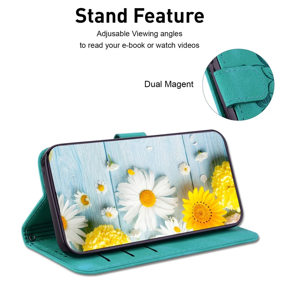 For Samsung Galaxy A05s 4G Case Flower Imprint Leather Wallet Mobile Phone Cover - Green - 3