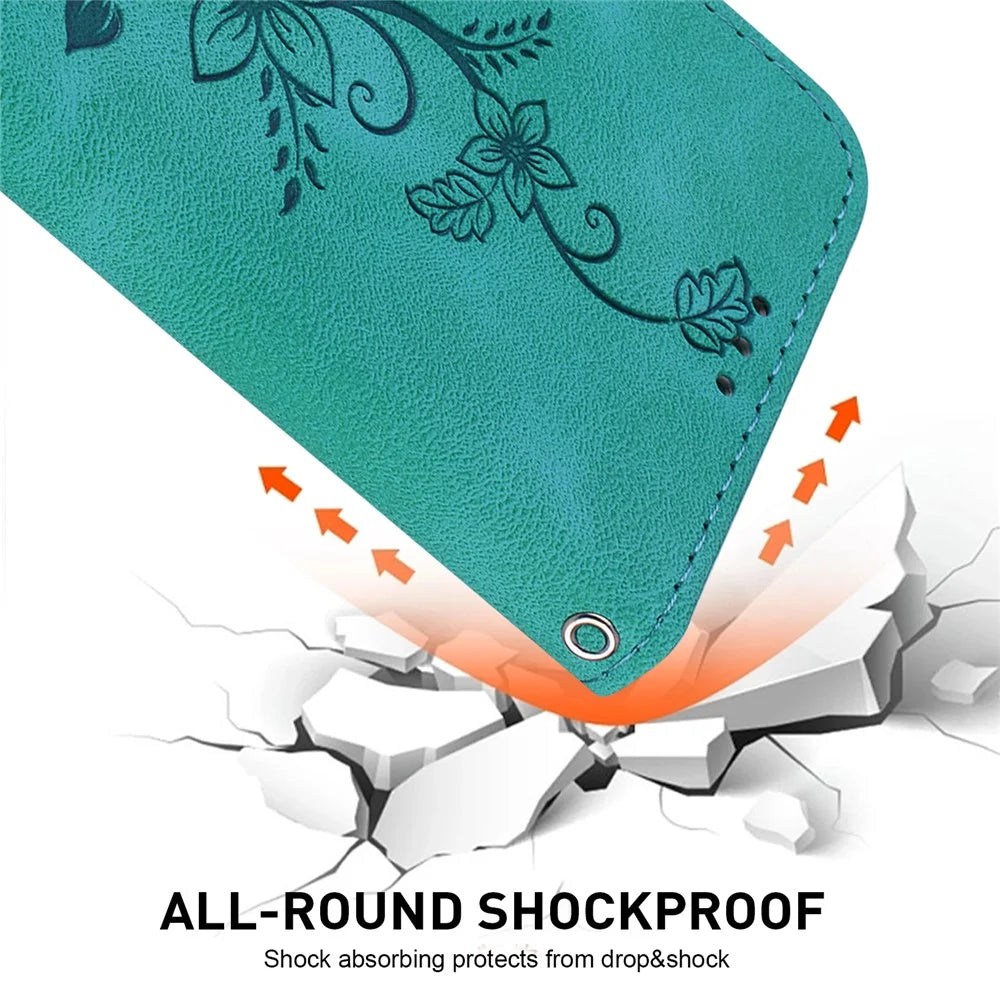 For Samsung Galaxy A05s 4G Case Flower Imprint Leather Wallet Mobile Phone Cover - Green - 4