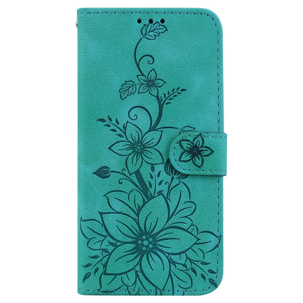 For Samsung Galaxy A05s 4G Case Flower Imprint Leather Wallet Mobile Phone Cover - Green - 6