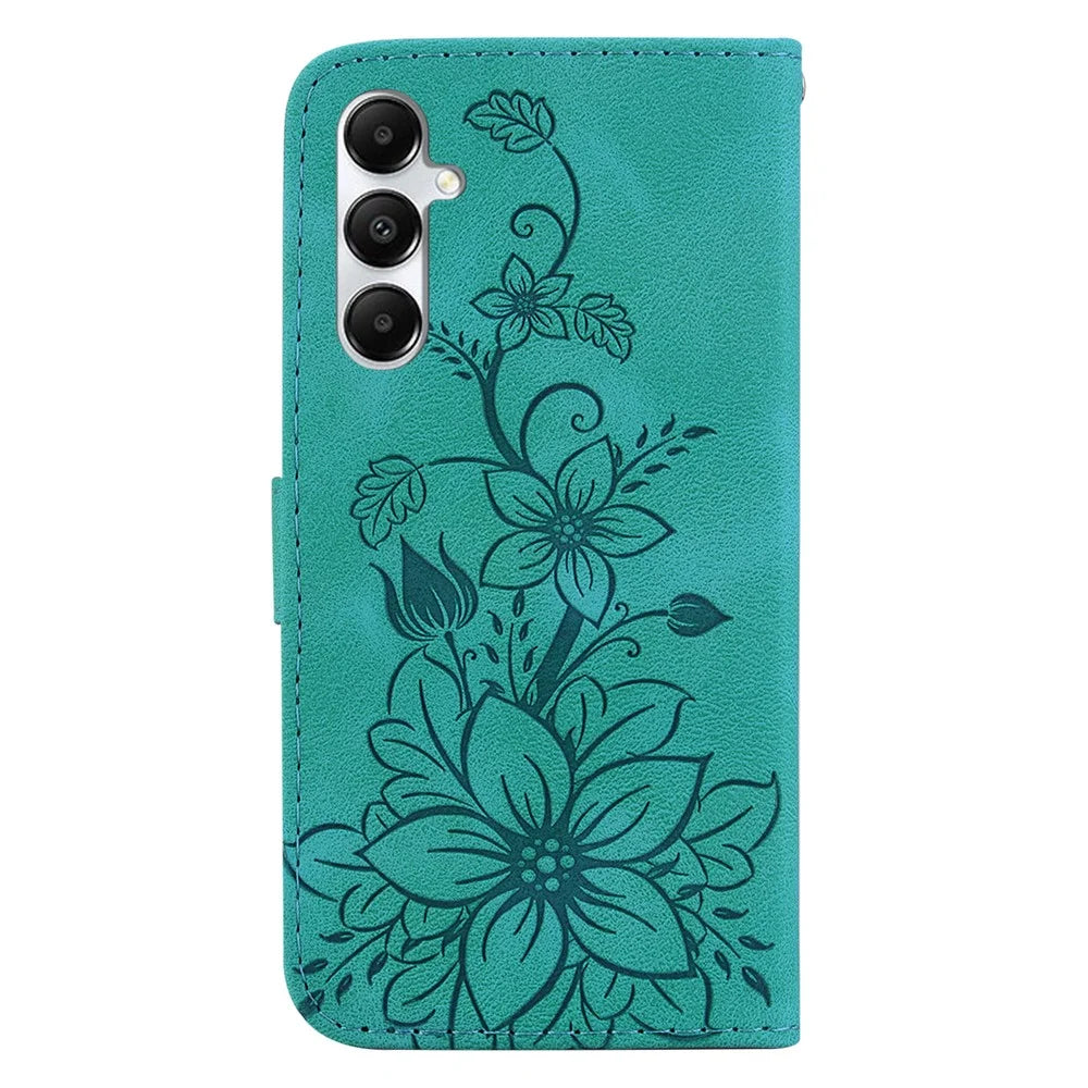 For Samsung Galaxy A05s 4G Case Flower Imprint Leather Wallet Mobile Phone Cover - Green - 7