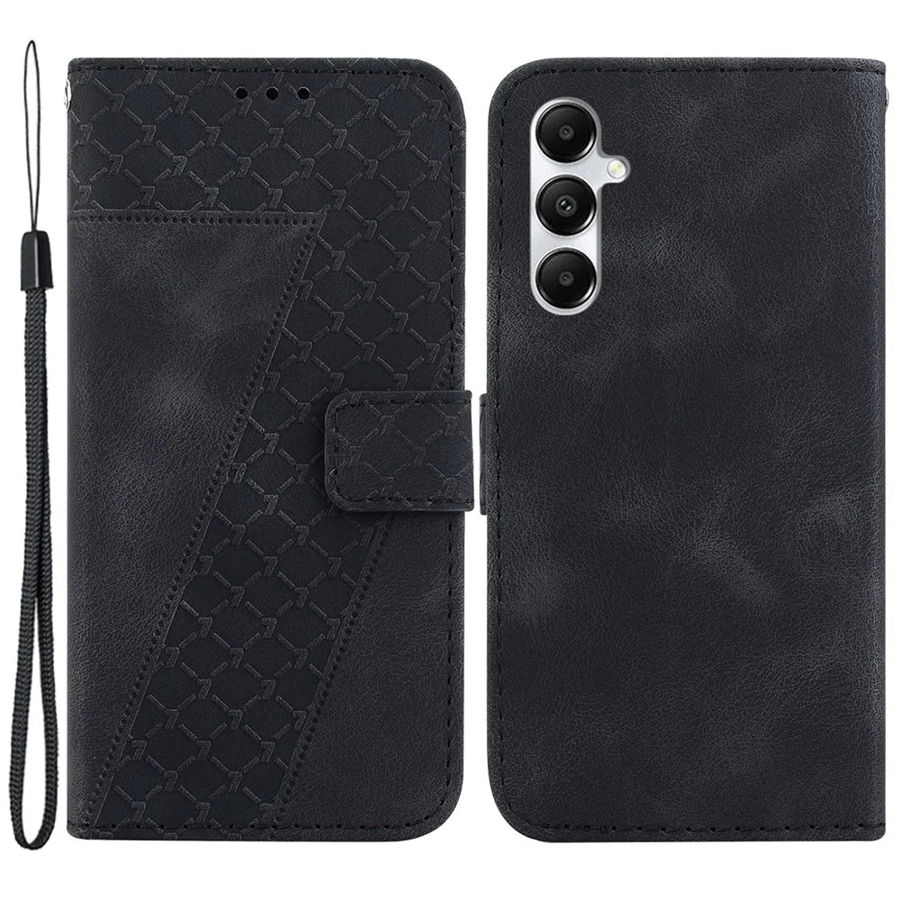 For Samsung Galaxy A05s 4G Case 7-Shape Imprint PU Leather Wallet Stand Phone Cover - Black - 1