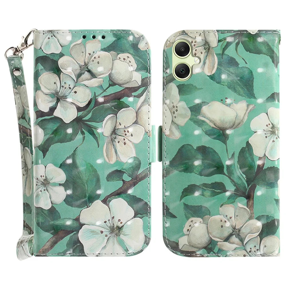 For Samsung Galaxy A05 4G Case Mobile Phone 3D Pattern Printed PU Leather Cover - Watercolor Flowers - 1