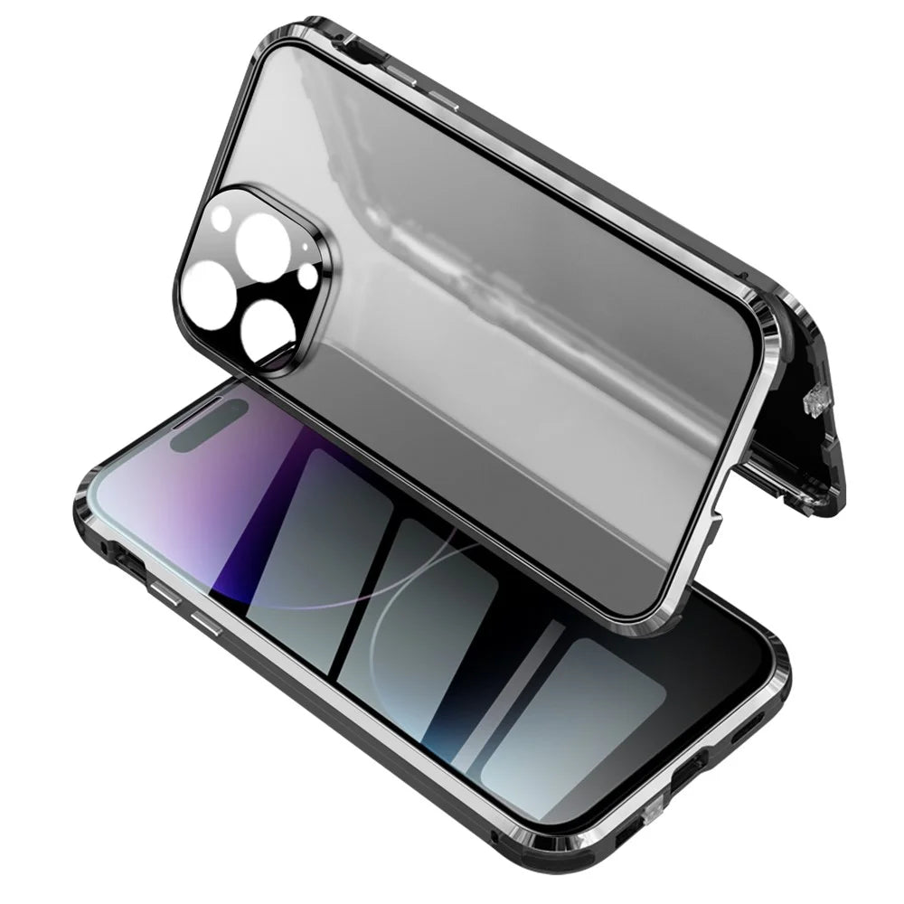 For iPhone 15 Pro Privacy Magnetic Case Double-Sided Tempered Glass Phone Cover - Black - 1