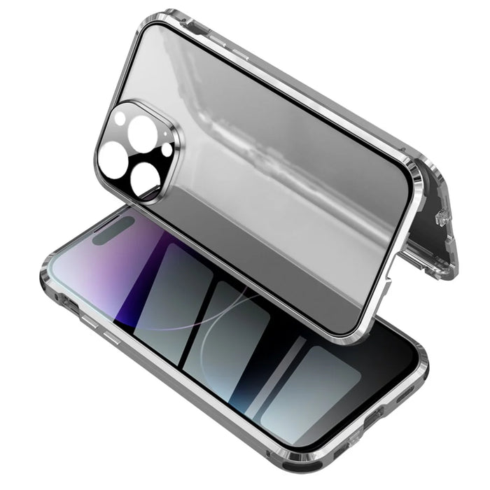 For iPhone 15 Pro Max Anti Peep Phone Case Double-Sided Tempered Glass Metal Frame Cover - Silver - 1