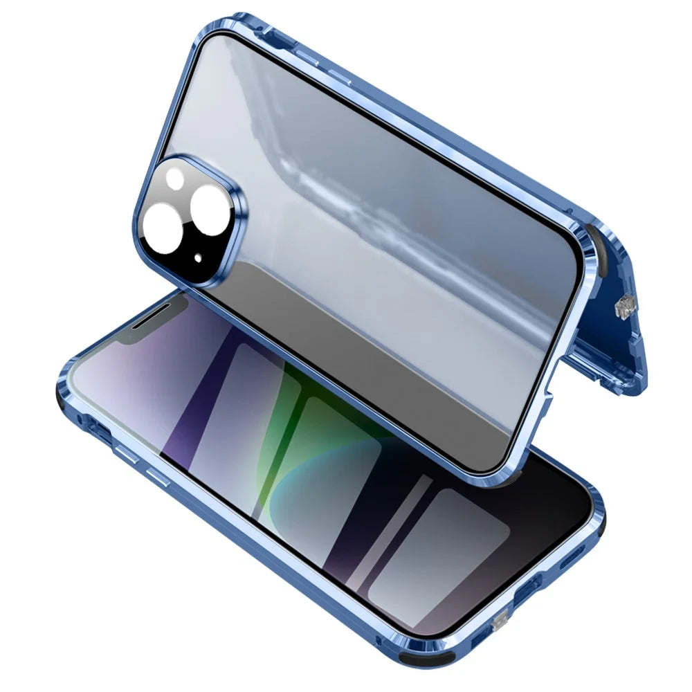 For iPhone 15 Privacy Magnetic Case Double-Sided Tempered Glass Phone Cover with Safety Lock - Blue - 1