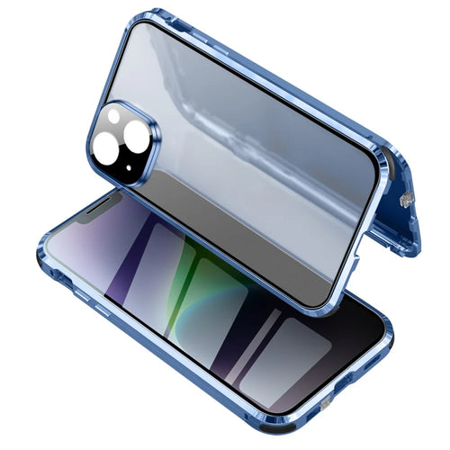 For iPhone 15 Privacy Magnetic Case Double-Sided Tempered Glass Phone Cover with Safety Lock - Blue - 1