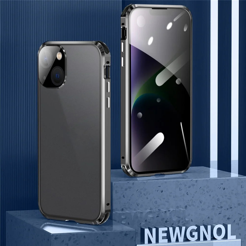 For iPhone 15 Privacy Magnetic Case Double-Sided Tempered Glass Phone Cover with Safety Lock - Blue - 2