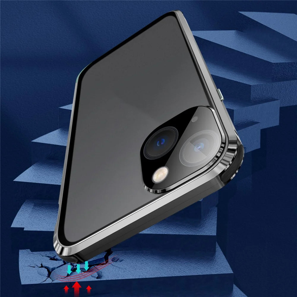 For iPhone 15 Privacy Magnetic Case Double-Sided Tempered Glass Phone Cover with Safety Lock - Blue - 5