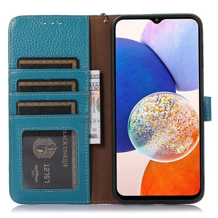 For Samsung Galaxy S25+ / S24+ Case Litchi Texture Genuine Cow Leather Wallet Cover - Blue - 2