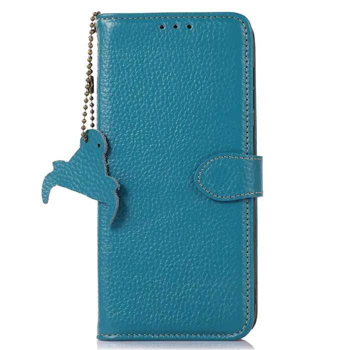 For Samsung Galaxy S25+ / S24+ Case Litchi Texture Genuine Cow Leather Wallet Cover - Blue - 6