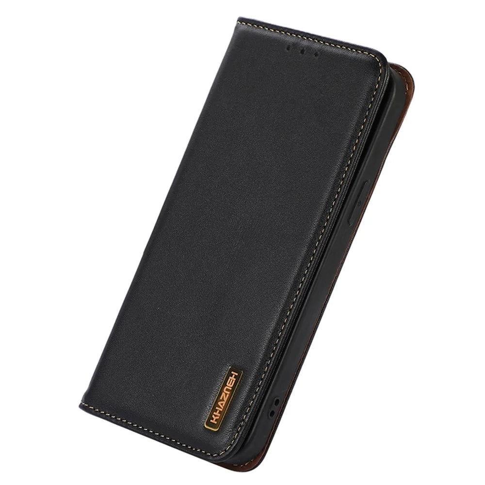 KHAZNEH For Samsung Galaxy S25 / S24 Case Genuine Cow Leather RFID Blocking Phone Cover - Black - 5