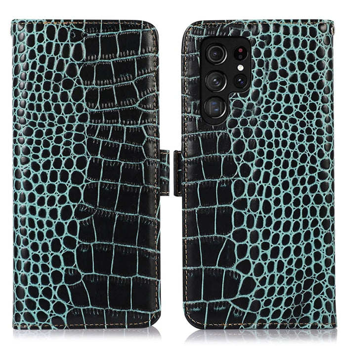 For Samsung Galaxy S24 Ultra Case RFID Blocking Genuine Cow Leather Wallet Phone Cover - Green - 1