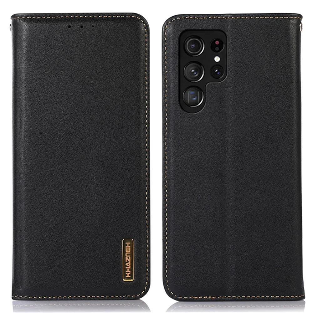 KHAZNEH For Samsung Galaxy S24 Ultra Case Nappa Texture RFID Blocking Phone Wallet Cover - Black - 1