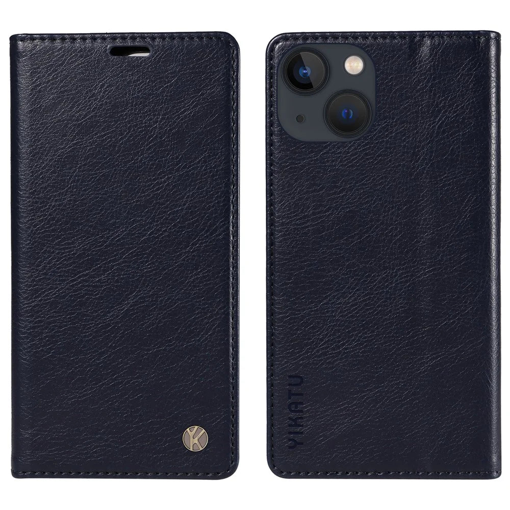 YIKATU YK-006 For iPhone 15 Case Leather Wallet Magnetic Litchi Texture Phone Shell Stand Cover - Navy Blue - 1