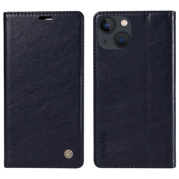 YIKATU YK-006 For iPhone 15 Case Leather Wallet Magnetic Litchi Texture Phone Shell Stand Cover - Navy Blue - 1