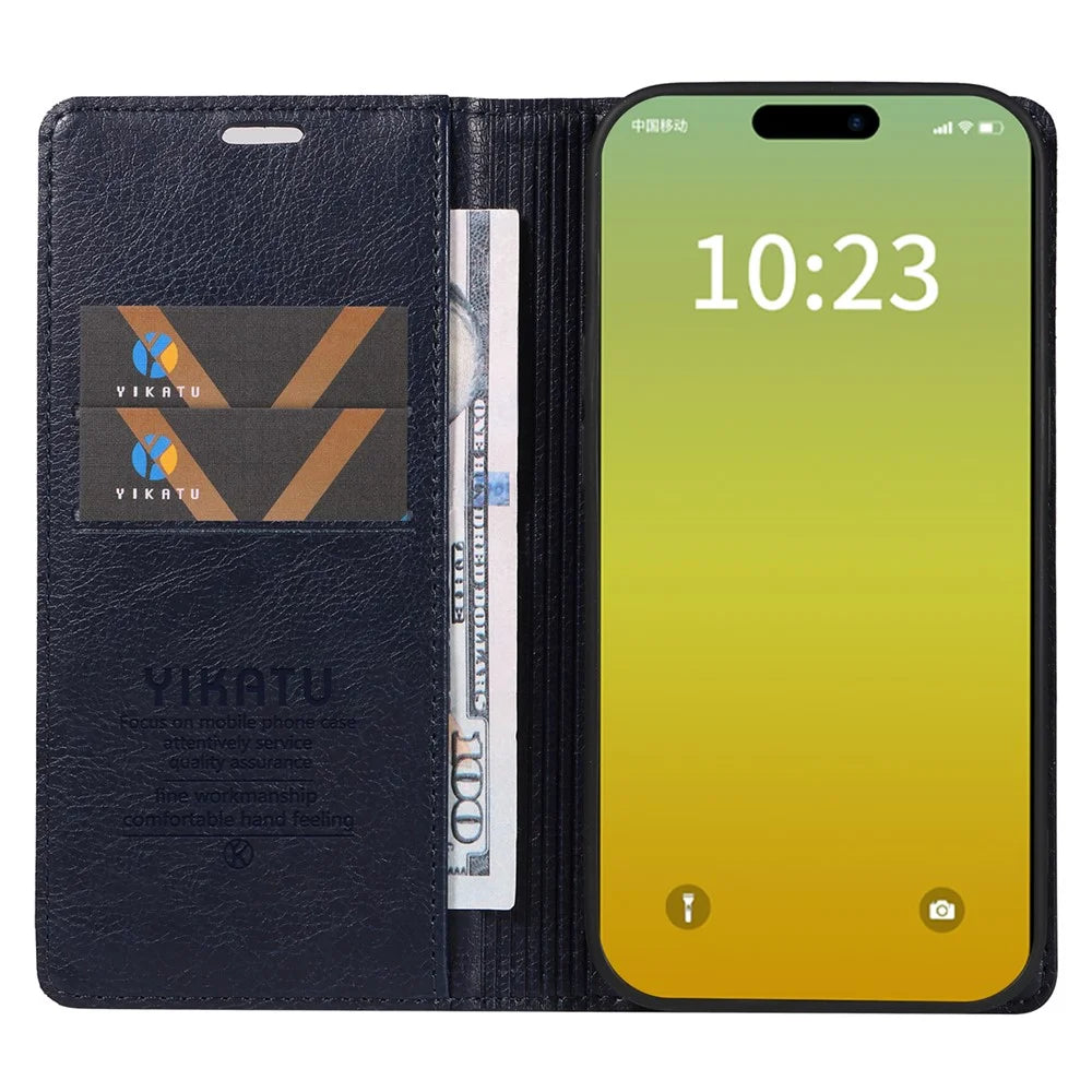 YIKATU YK-006 For iPhone 15 Case Leather Wallet Magnetic Litchi Texture Phone Shell Stand Cover - Navy Blue - 2