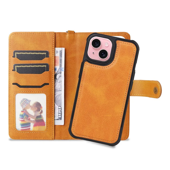 For iPhone 15 Leather Case with Detachable Wallet and Strap Cell Phone Cover - Brown - 2