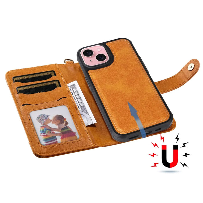 For iPhone 15 Leather Case with Detachable Wallet and Strap Cell Phone Cover - Brown - 4
