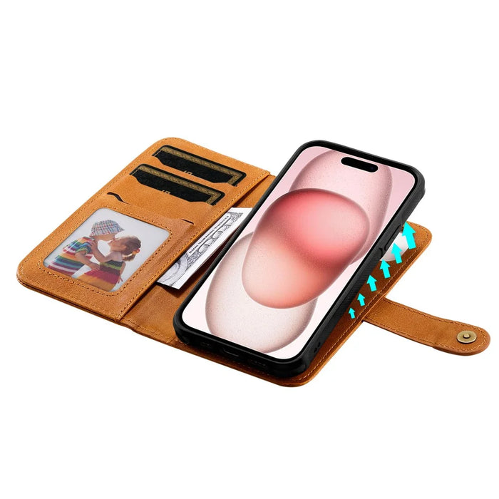 For iPhone 15 Leather Case with Detachable Wallet and Strap Cell Phone Cover - Brown - 5