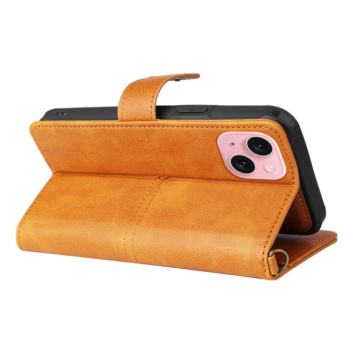 For iPhone 15 Leather Case with Detachable Wallet and Strap Cell Phone Cover - Brown - 6
