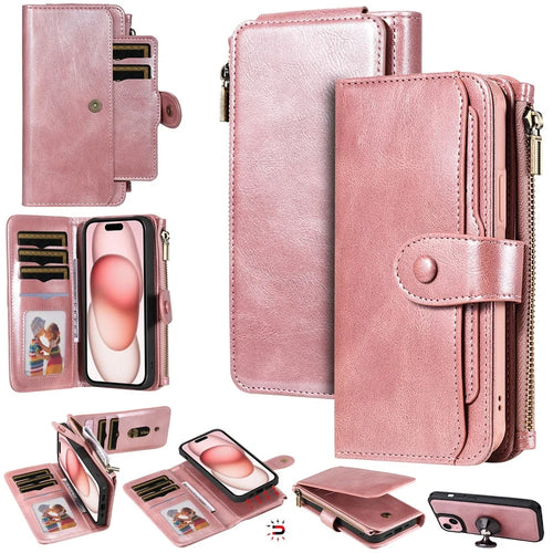 For iPhone 15 Magnetic Case Detachable PU Leather Zipper Wallet Cover - Rose Gold - 1