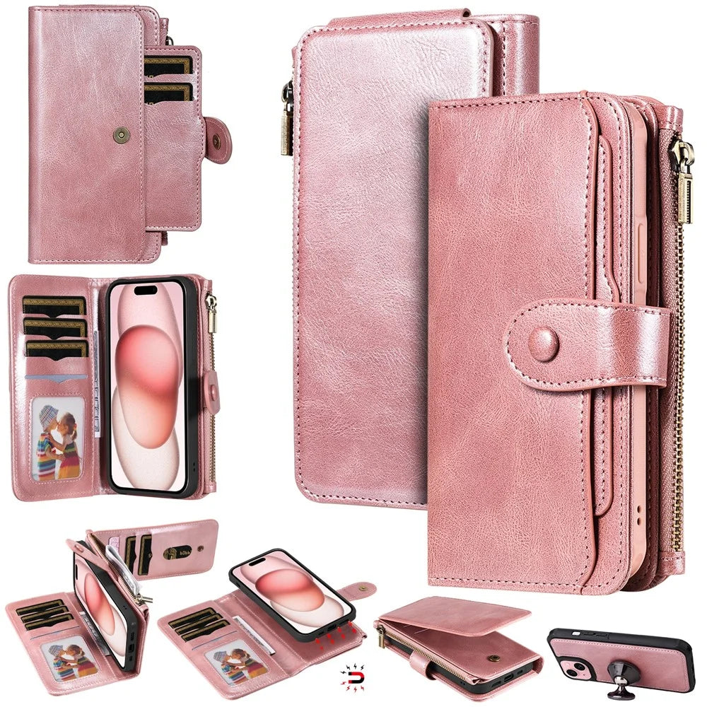 For iPhone 15 Magnetic Case Detachable PU Leather Zipper Wallet Cover - Rose Gold - 1