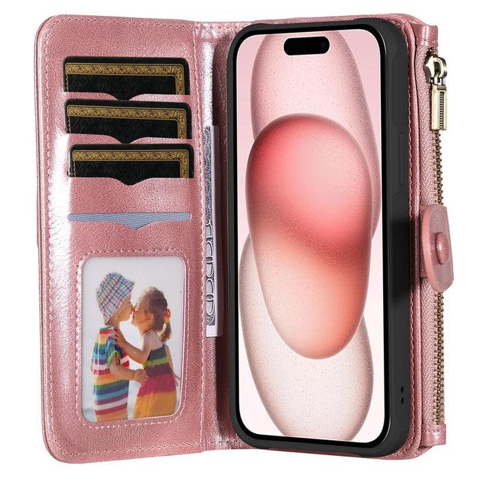 For iPhone 15 Magnetic Case Detachable PU Leather Zipper Wallet Cover - Rose Gold - 2